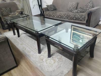 Elegant Glass Top Center Table with Side Table – Solid Wood