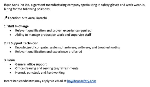 Shift In-Charge , IT Support Technician , Peon