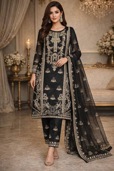 Organza Beautiful Fancy Embroidery 3 piece dress for ladies