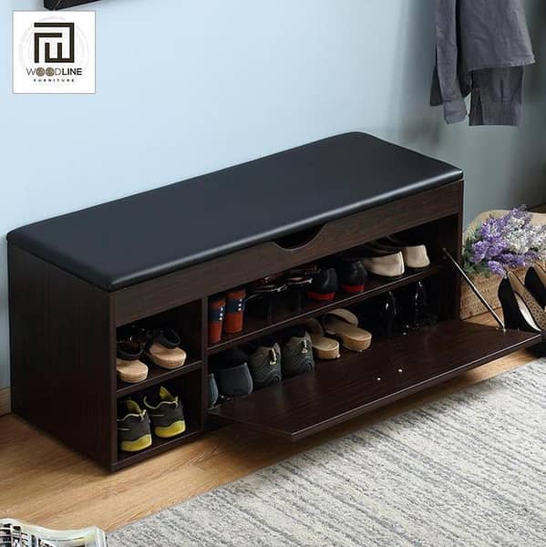 Wood Line Furniture 3-Tier Shoe Rack with Cushion Seat and Storage Cabinet