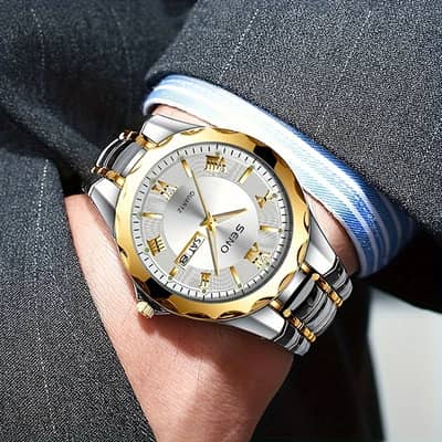 SENO Fashion Men's Stainless Steel Strap Quartz Watch 40mm Dial 3BAR