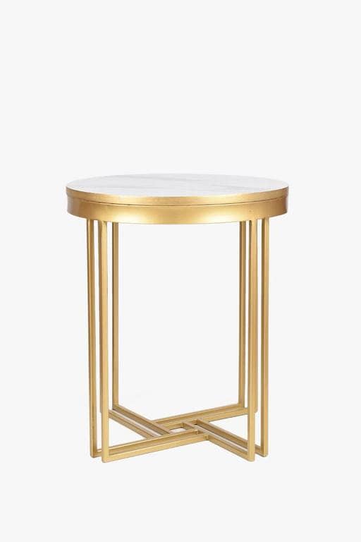 Stylish Round Side Table Combining Metal Frame Construction with Wooden Marble-Finish Top