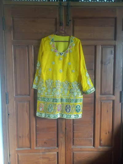 yellow chiffon embroidery 3- piece| round neck , long sleeves