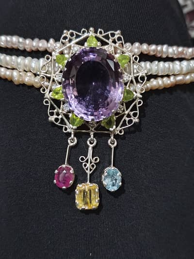 Multi-Gemstone & Freshwater Pearl Choker in 925 Sterling Silver