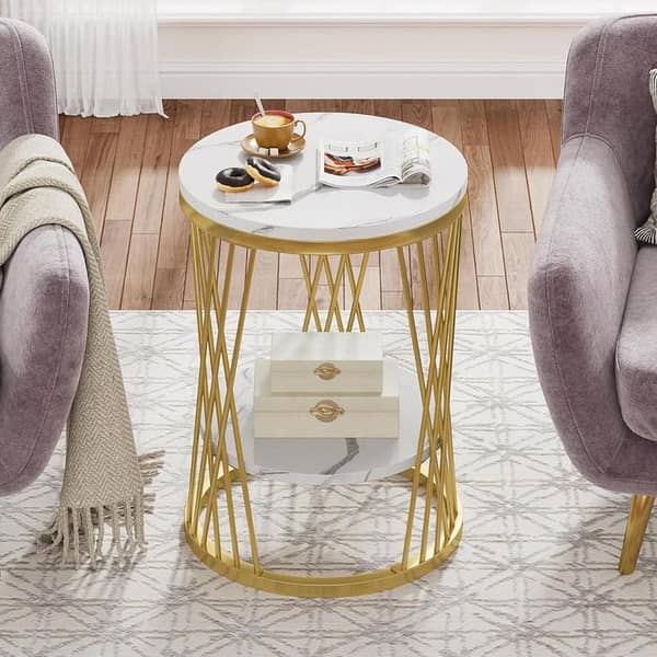 Elegant Round Accent Table Featuring Sturdy Metal Frame and Beautiful Wooden Marble‑Effect Surface