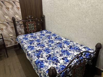 2 Single Steel Beds with Side Table (Mirror Top) – Excellent Condition