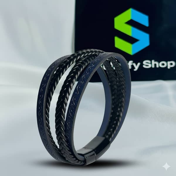 Men’s Triple-Layer Leather Bracelet – Black Braided & Blue Engraved Strap Design