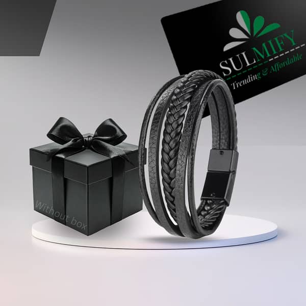 Shadow Black Multi-Layer Braided Leather Bracelet – Magnetic Steel Lock