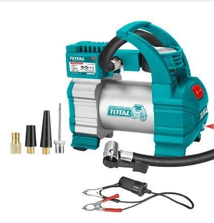 TOTAL TTAC1406 Auto Air Compressor - 140 PSI, 3m Cord, Battery Clips, 4 Nozzle Adapters, and LED Light