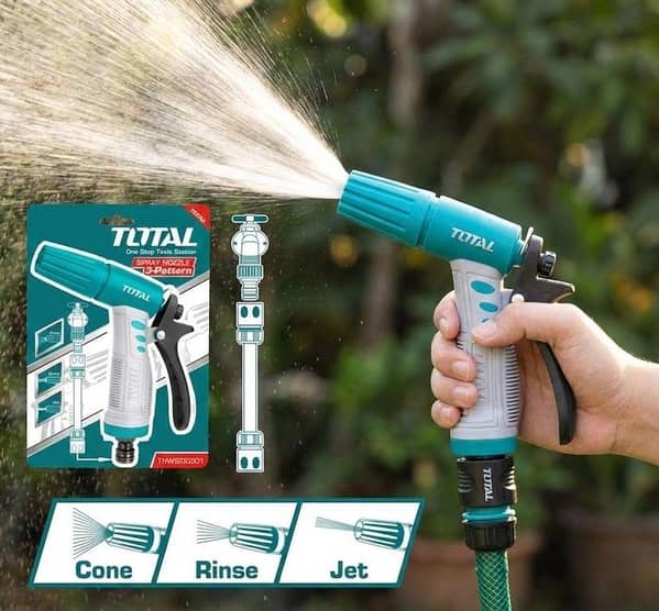 TOTAL THWS010301 3-Way Plastic Spray Nozzle: Adjustable Watering Gun with Cone, Rinse, and Jet Settings
