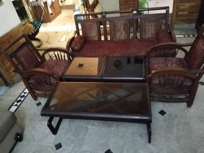 Set of 2 sofas with sides, one three seater sofa with large table.