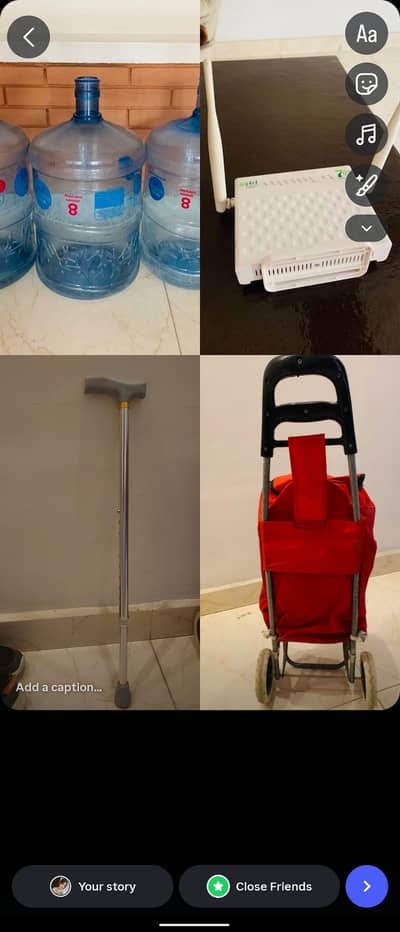 shopping roller , router, 3 nestle bottles 19 liters, walking stick