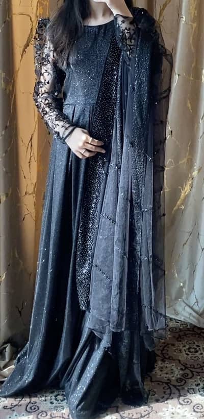 Black maxi with fully embroidered dupatta