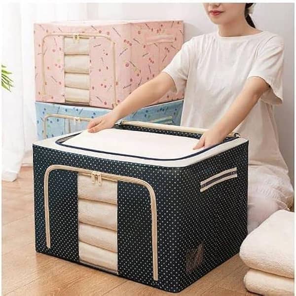 Clothes Storage Bin Stackable Linen Fabric Storage Box 55L| Foldable Metal Frame Organizer with Mesh Window & Handles – Style B