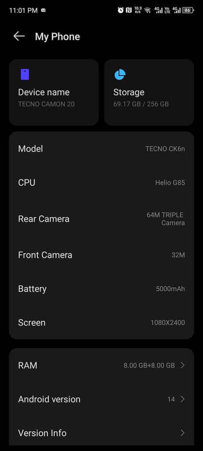tecno camon 20 8+8  16 gb ram and 256gb rom