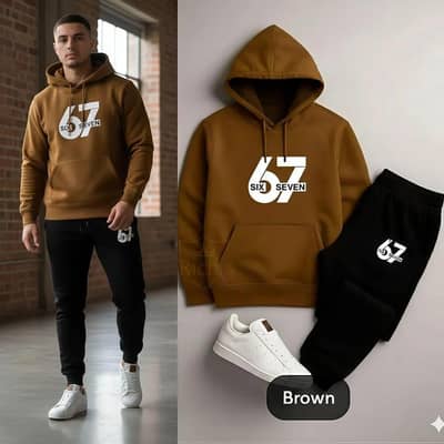 67 CONTRAST BROWN FLEECE PRINTED HOODIE TRACKSUIT.