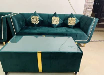 6 Seater Green Sofa Set with table For Sale - Like New