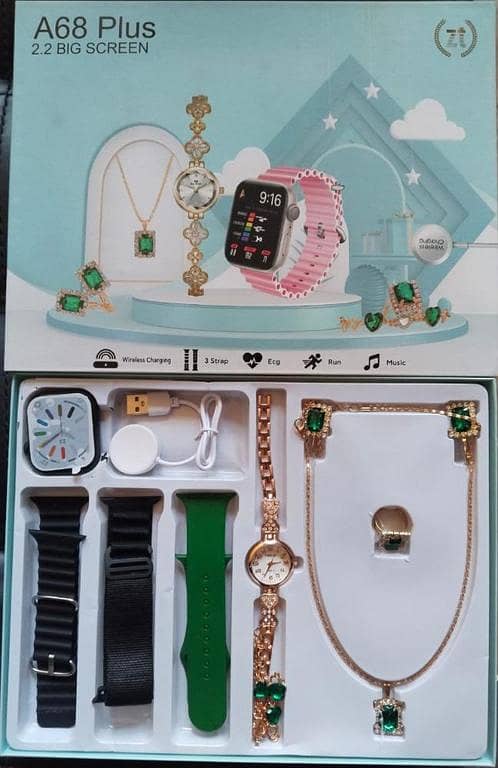 A68 Plus Smart Watch Gift Box – 2.2″ Big Screen | 3 Straps | Wireless Charging | Analog Watch & Jewelry Set