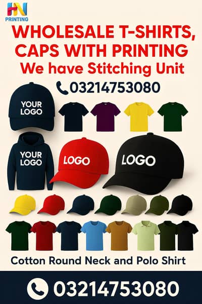 Wholsale t-shirts printing and caps printing
