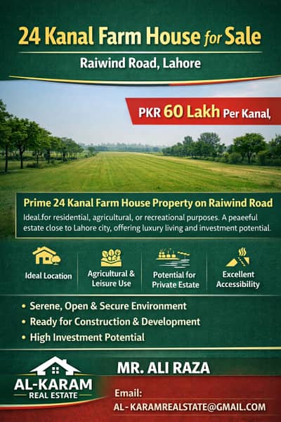 24 Kanal Farm House For Sale On Raiwind Road, Lahore | PKR 60 Lakh Per Kanal | Premium Location
