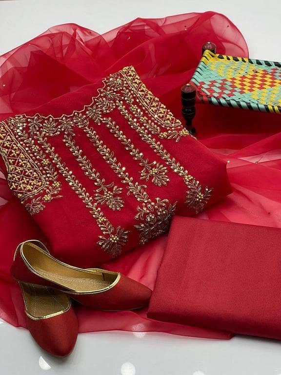 4-Piece Dress Set – Handmade Organza Shirt with Tilla Aari Beads Embroidery, Kundan Dupatta, Khatan Trouser & Khussa