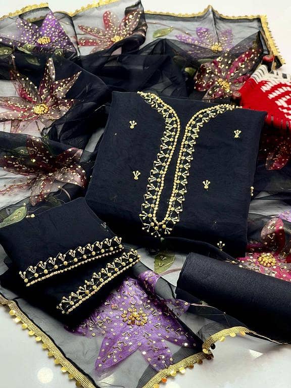 3-Piece Dress – Handwork Stones & Beads Organza Shirt With Zari Beads Oil Paint 4-Side Lace Dupatta & Khatan Trouser