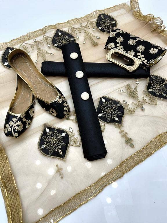 5-Piece Party Wear Dress Set – Kattan Silk Shirt and Trouser with Embroidered Net Dupatta, Handmade Buttons, and Khussa