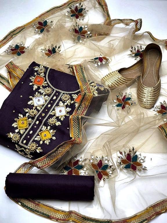 4-Piece Handmade Dress Set – Kattan Silk with Moti Crystal and Kundan Detailing, Net Mirror Dupatta and Plain Trouser