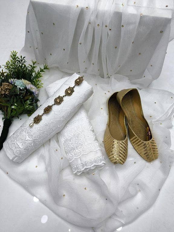 Chickenkari 3PC Cotton Dress with 12" Daman, Trouser Embroidery, Chiffon Dupatta, Free Khussa & Mirror Neckline