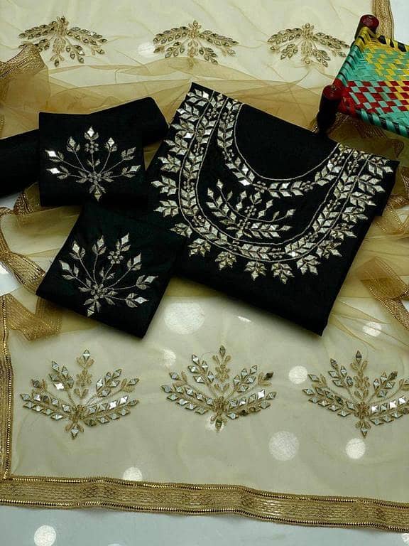 3-Piece Pure Kattan Silk Dress – Heavy Mirror Work Embroidery Shirt With Golden Net Dupatta | Formal & Festive Wear