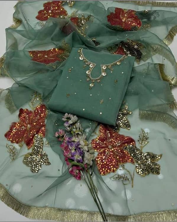 Fancy 2-Piece Dress – Handwork & Adda Embroidery On Organza With Heavy Painted Dupatta