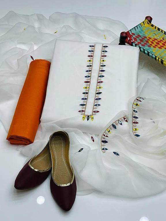 4-Piece Unstitched Dress For Girls – Multi Mirror Work Chiffon Shirt, Plain Kataan Silk Trouser, Chiffon Dupatta, And Complimentary Khussa