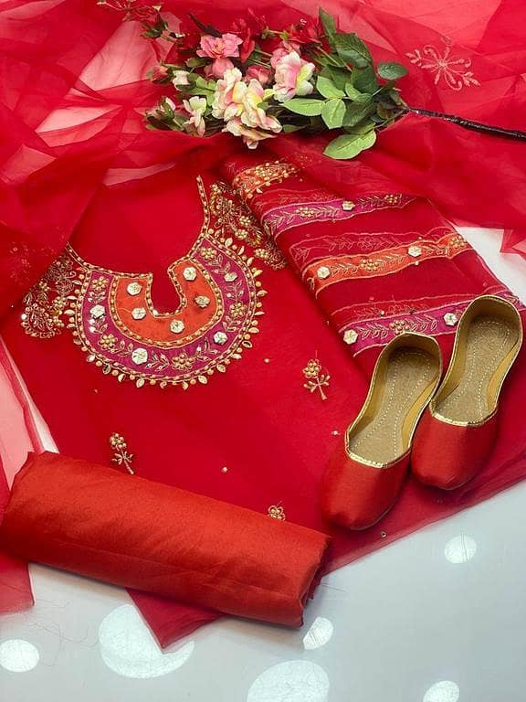 Elegant 4-Piece Unstitched Wedding Dress For Women/Girls – Handmade Organza Shirt, Kataan Silk Trouser, Booti Work Dupatta & Complementary Khussa