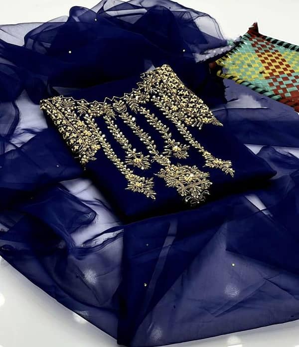 2-Piece Unstitched Dress For Girls – Organza Tilla Aari Beads Embroidery Handmade Shirt With Organza Kundan Dupatta