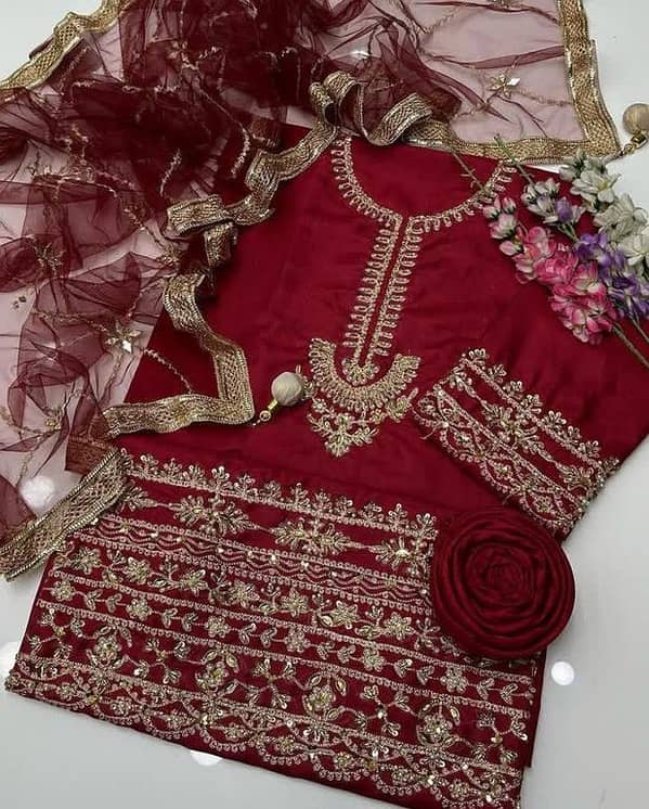 3-Piece Kattan Silk Dress Set – Heavy Adda Work Shirt, Mirror & Tilla Dupatta, Matching Trouser