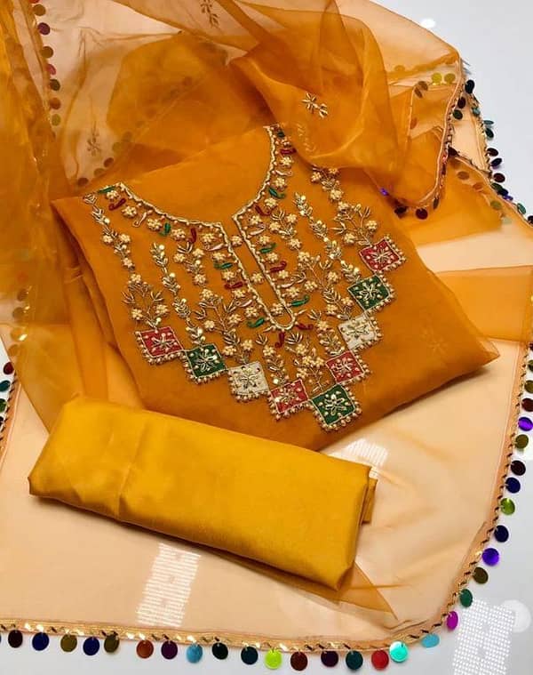 3-Piece Fancy Unstitched Suit – Organza Handmade Embroidered Shirt & Dupatta With Kataan Silk Trouser