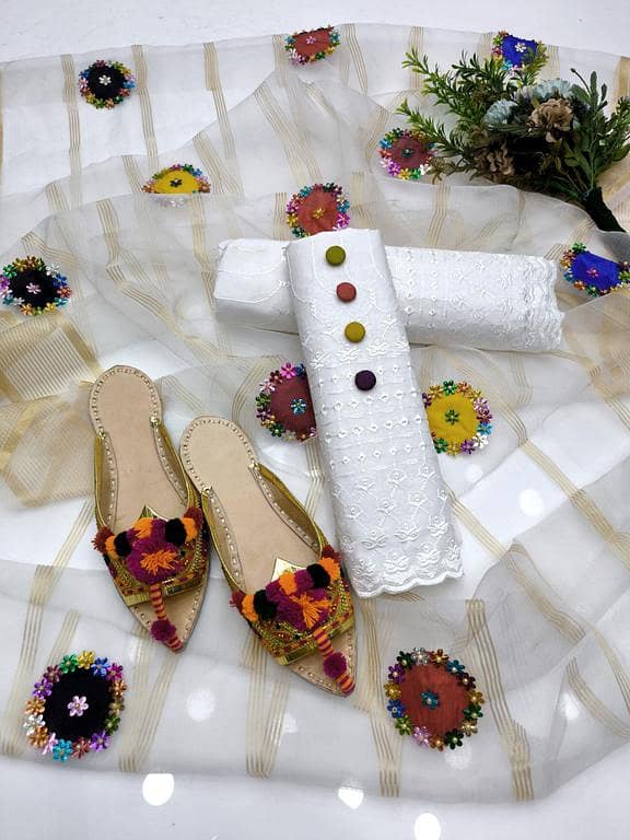 Summer White Chikankari 3PC Dress – Organza Tilla Dupatta, Embroidered Shirt & Trouser + Handmade Sleeper