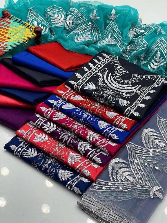 Unstitched 3-Piece Ladies Dress – Kataan Mirror Work Shirt, Kataan Trouser, And Net Mirror Work Dupatta