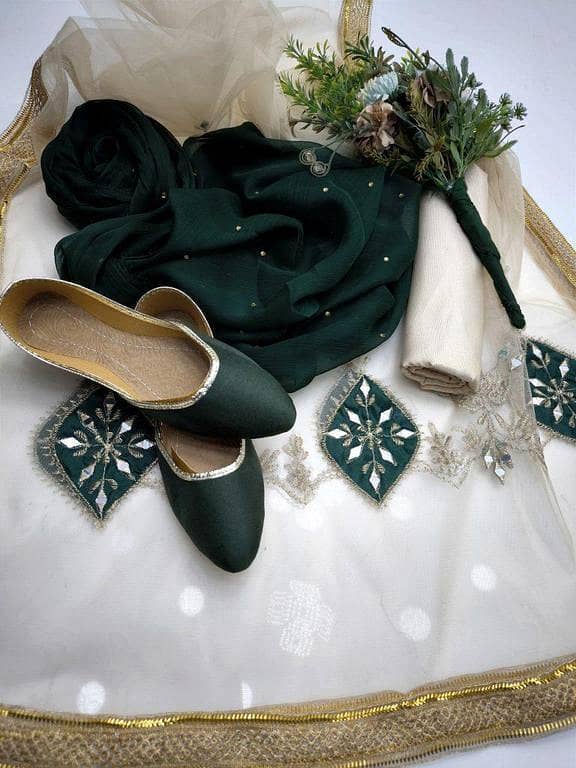 New Fancy 4PC Chiffon Dress – Bindi Work Shirt, Net Mirror Aari Dupatta, Masoori Trouser + Khussa