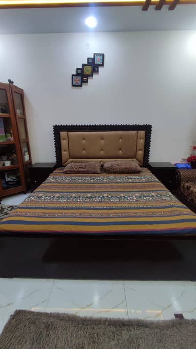 KING  SIZED BED WITH SIDE TABLES(2)  WITH SPRING MATTRESS.