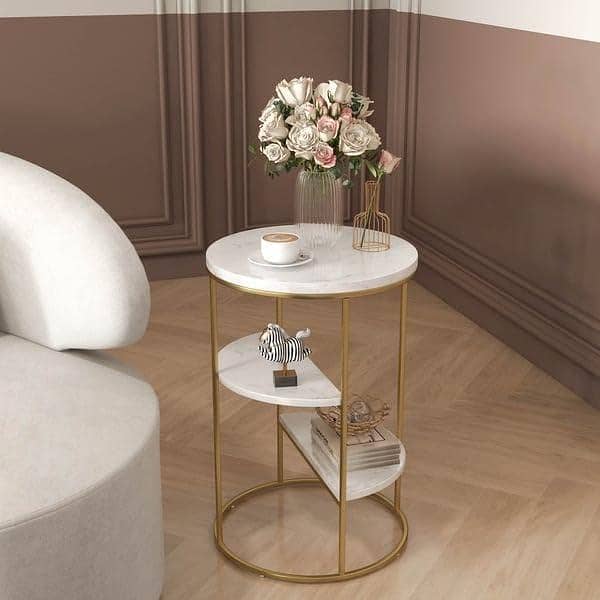 Modern Round Side Table with Wooden Marble Texture Shelves for Modern Interiors