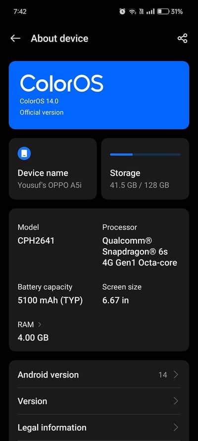 Oppo A5i 4/128gb box open red color hay abhi liya hay