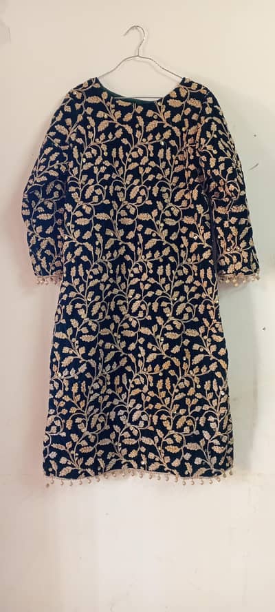 Bottle Green Velvet Shirt with Heavy Gold Embroidery – Used Once