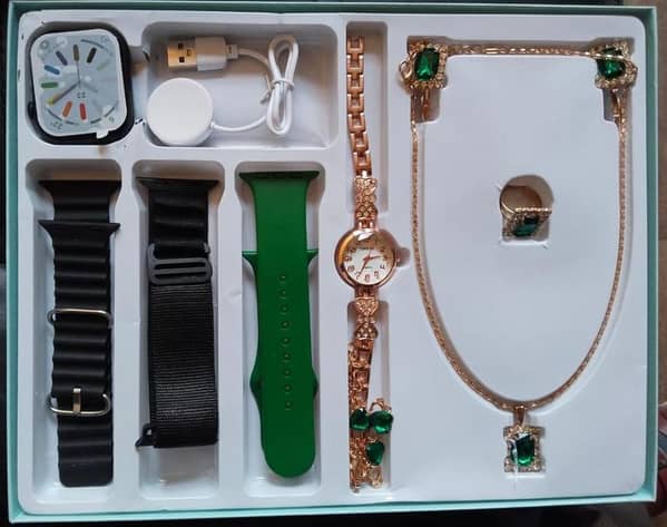 A68 Plus Smart Watch Gift Box – 2.2″ Big Screen | 3 Straps | Wireless Charging | Analog Watch & Jewelry Set