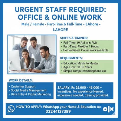 online and office based job opportunity in lahore
