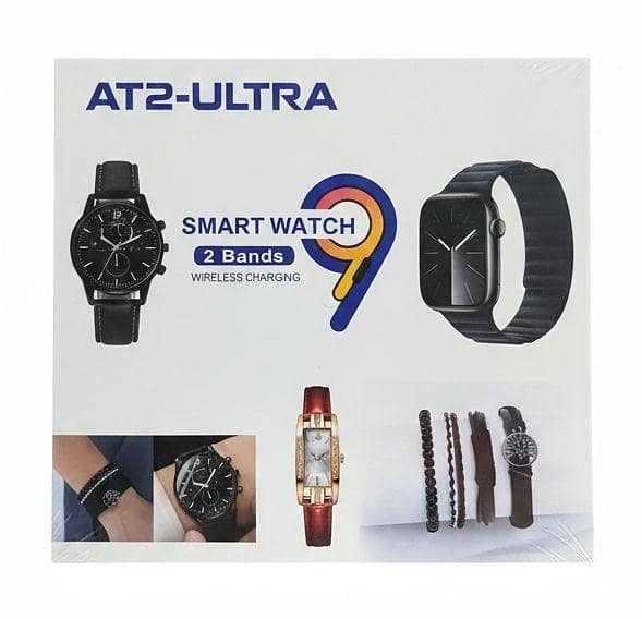 AT2-Ultra Smart Watch Combo Set – Wireless Charging | 2 Bands | Smartwatch + Analog Watches & Bracelets | Gift Set for Men & Women