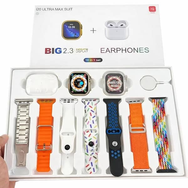 I20 Ultra Max Smart Watch 10-in-1 Set with Wireless Earphones, Multiple Straps & Magnetic Charger – Big 2.3” Display