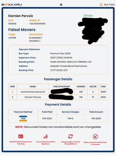 2 BUSINESS CLASS TICKETS TO ISLAMABAD FOR 25TH JANUARY TIME 04:00:00