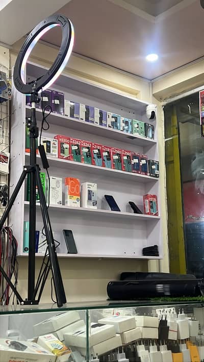 Mobile shop shelves and table and chair