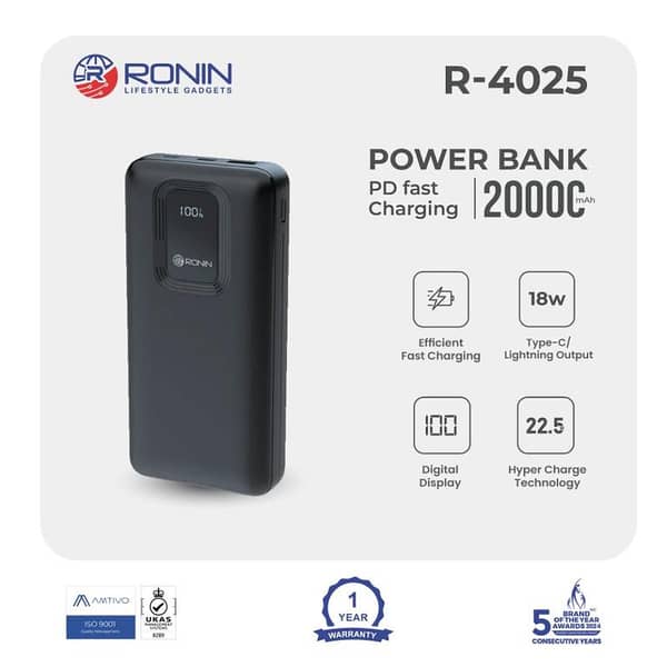 Ronin R-4025 20000mAh Power Bank: 22.5W Hyper Charge & 18W PD Fast Charging, Digital Display, Type-C/Lightning Output POWER BANK 1-Year Warranty